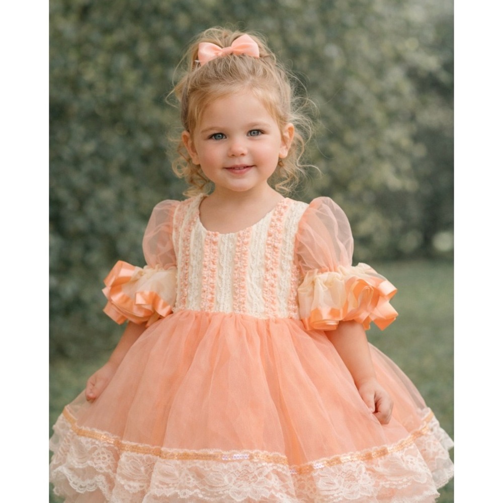 Dansco Kids Peach‎ Cream Lace Sequin Tutu Ballerina Leotard Dress Vintage SC